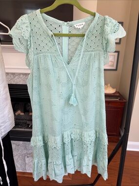 Allison Mint Eyelet Mini Dress with Tassel Tie